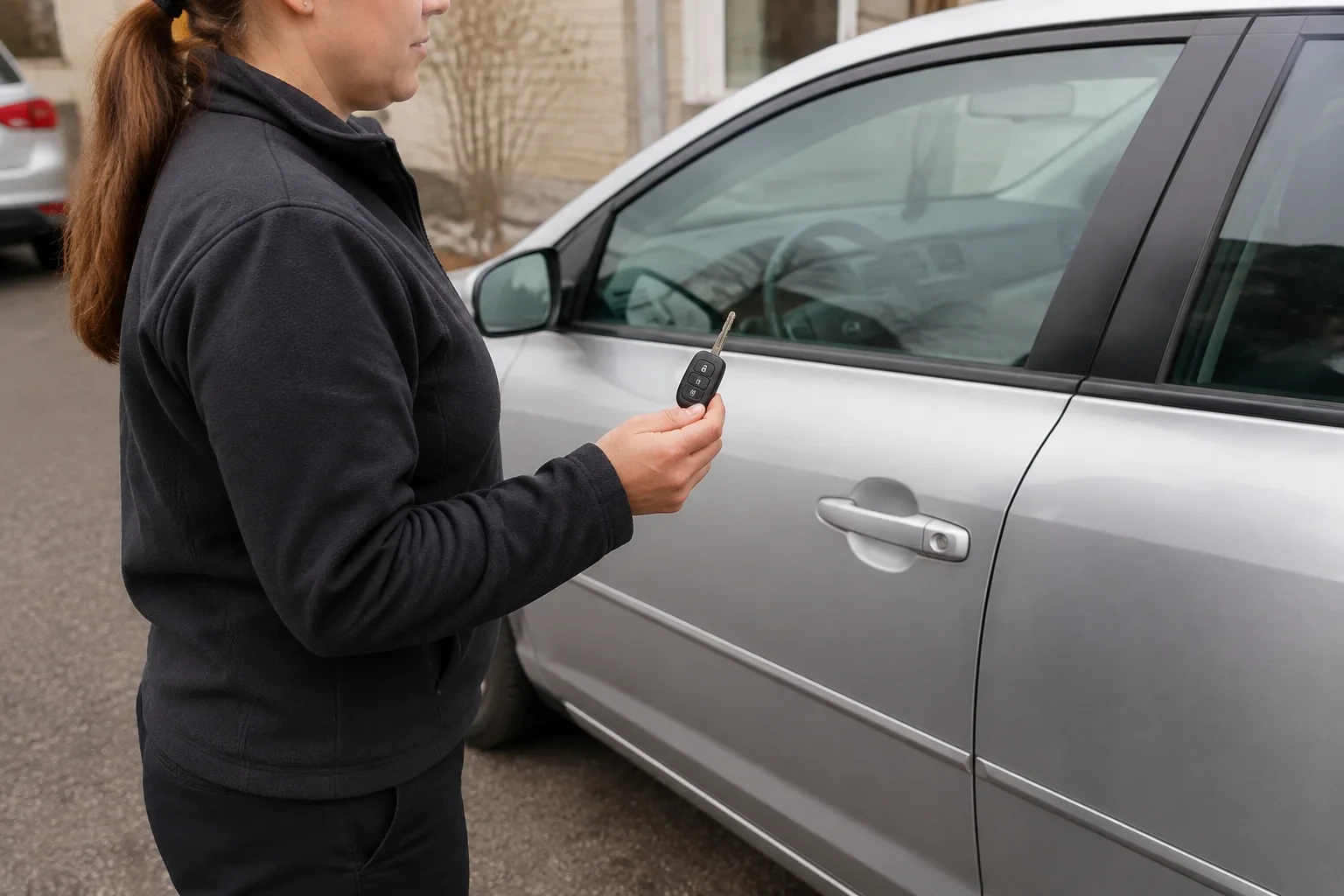 Technician holding a remote key with an extended blade beside a silver car.