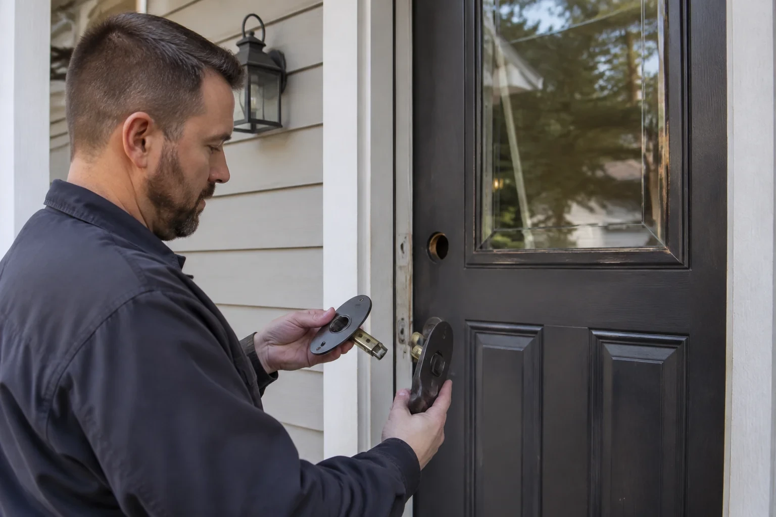 Technician comparing detached door hardware beside a residential entrance.
