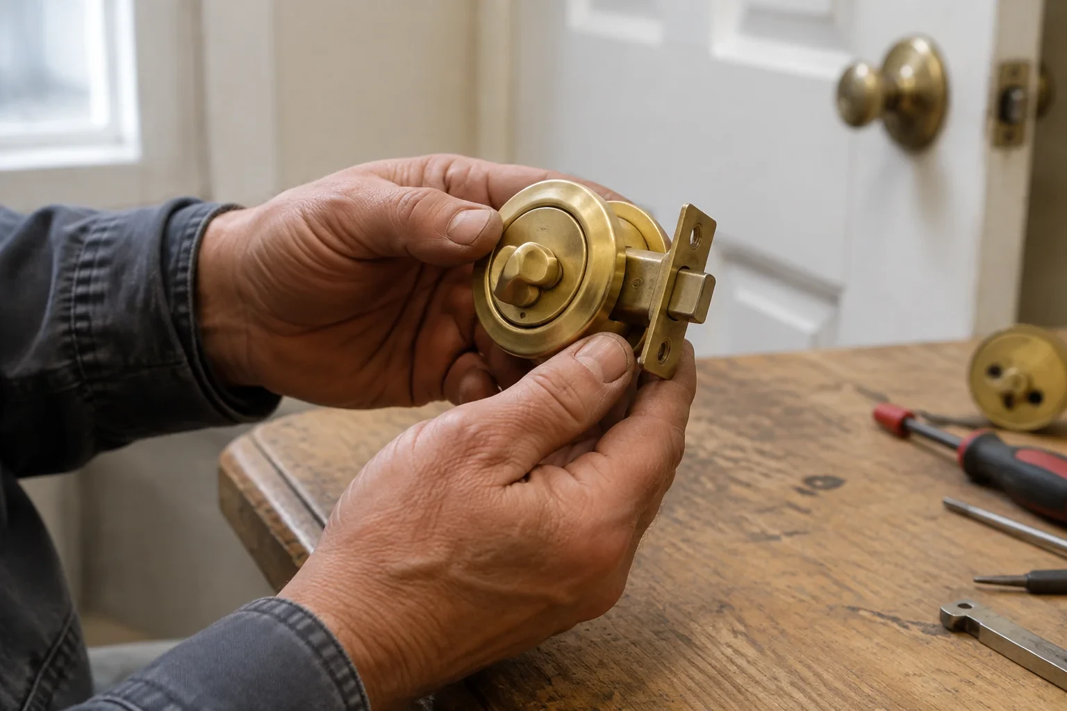 Hands holding a detached brass deadbolt assembly above a workbench.