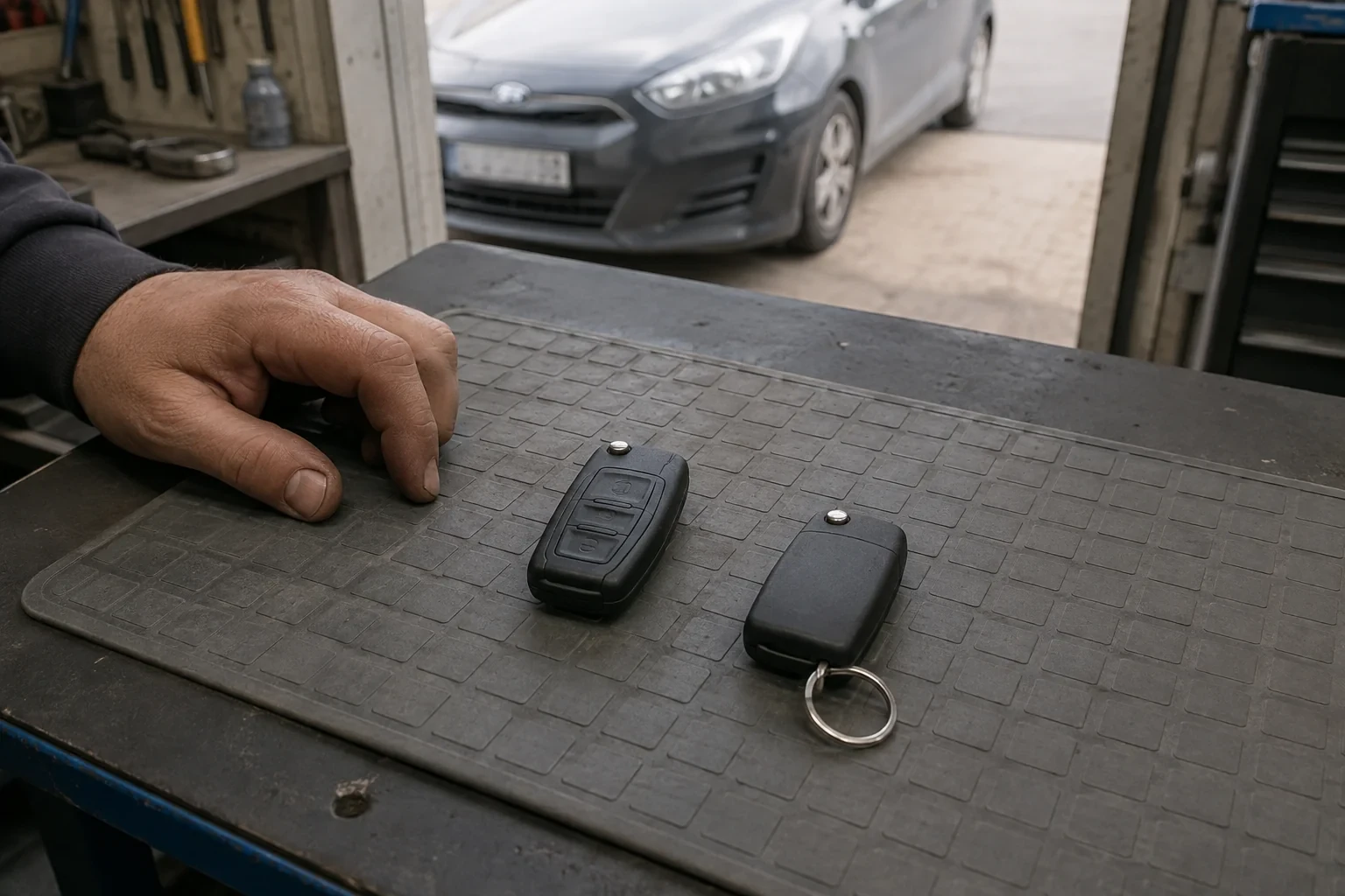 Two vehicle remote fobs on a work mat beside a technician’s hand, with a parked car beyond.