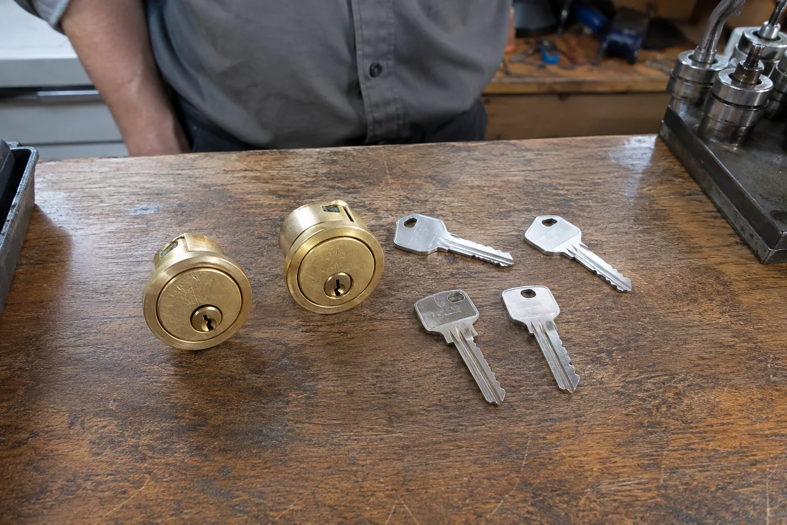 Two detached brass lock cylinders and four house keys on a wooden counter.