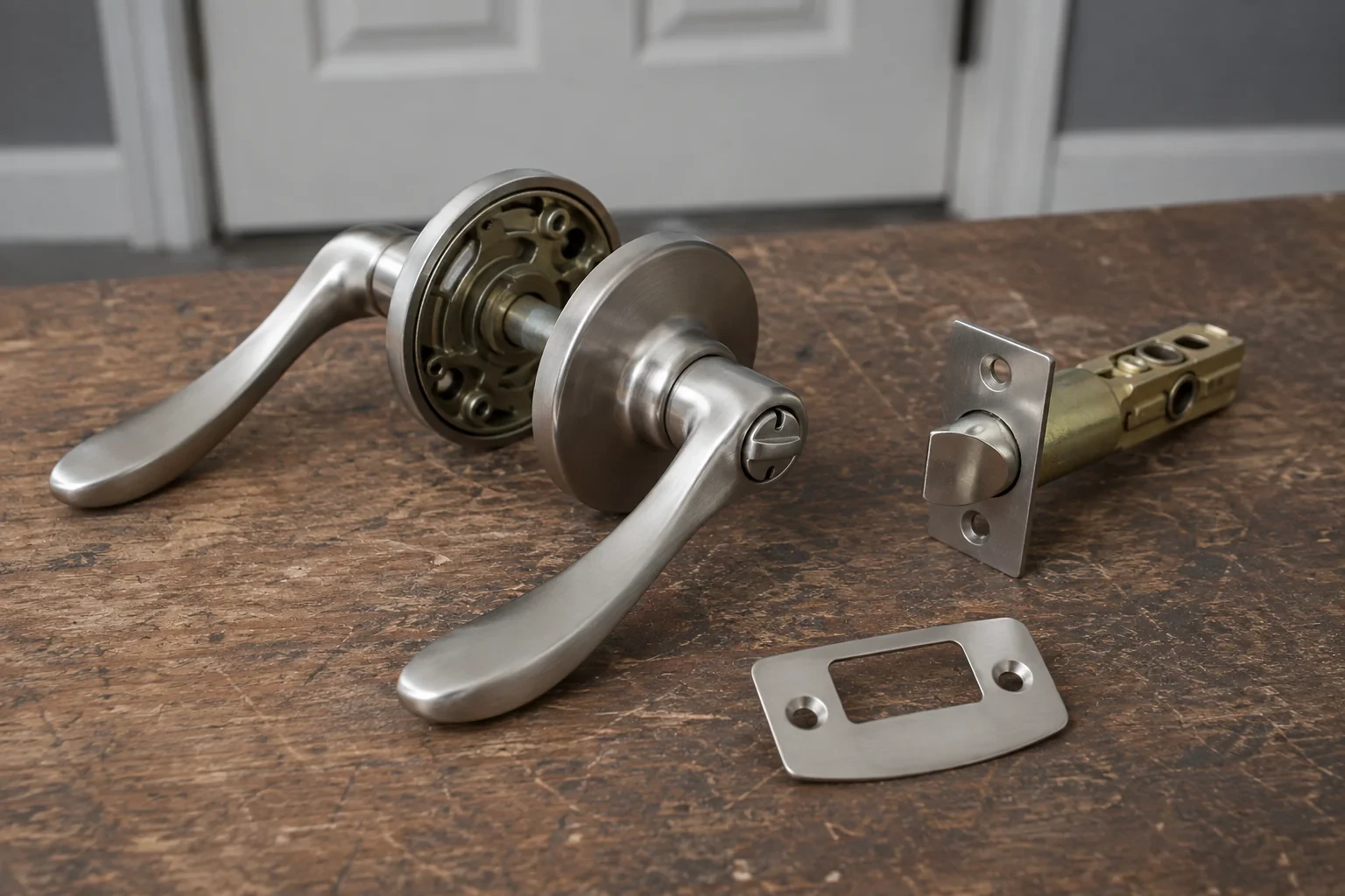 Detached satin-nickel lever hardware, tubular latch and strike plate on a wooden workbench.