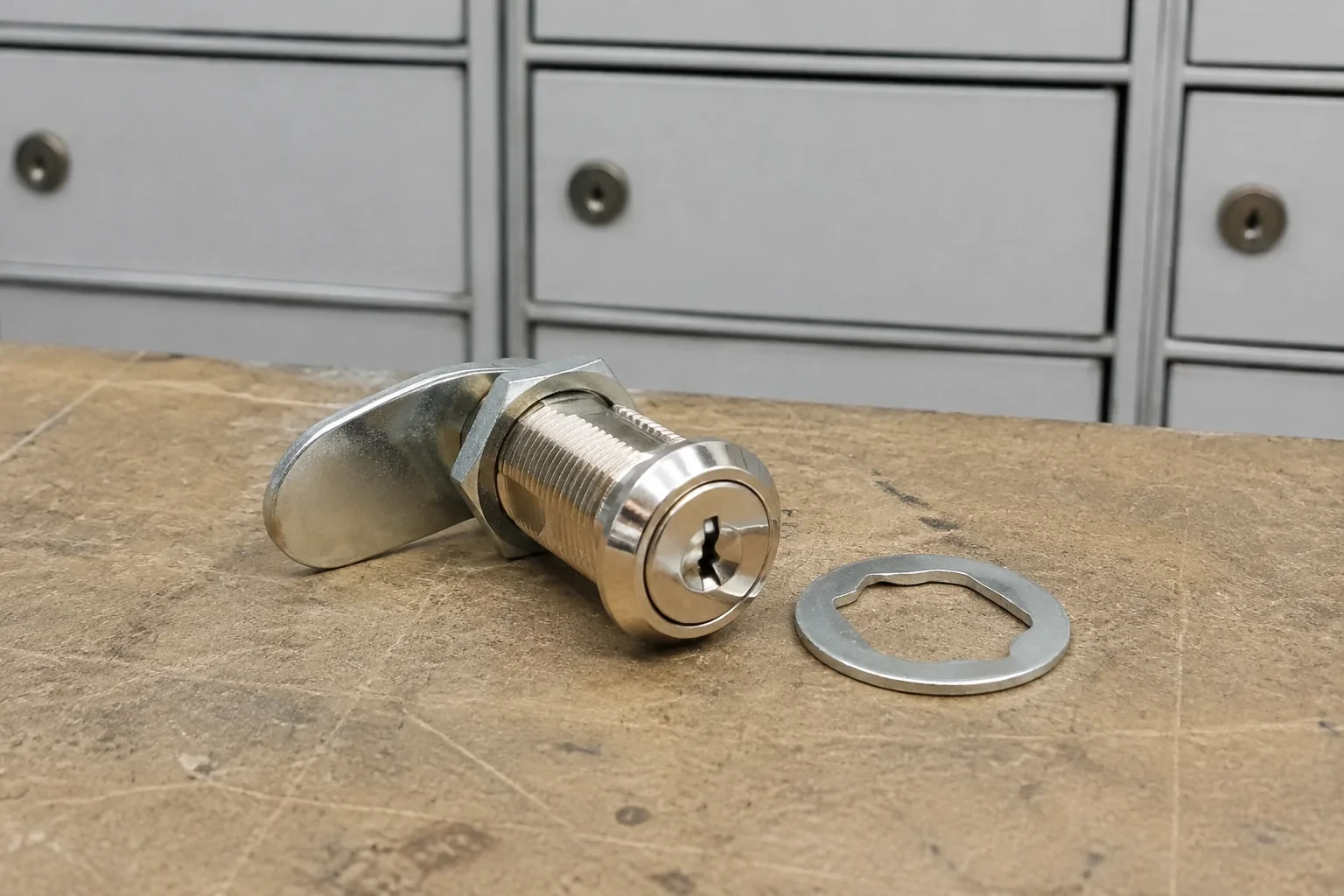 Detached threaded cam lock and mounting washer on a workbench in front of closed mail compartments.