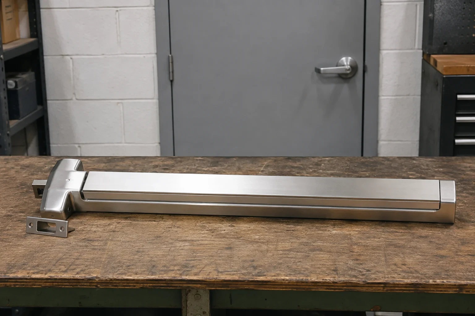 Detached horizontal exit device and separate strike component on a workshop bench.