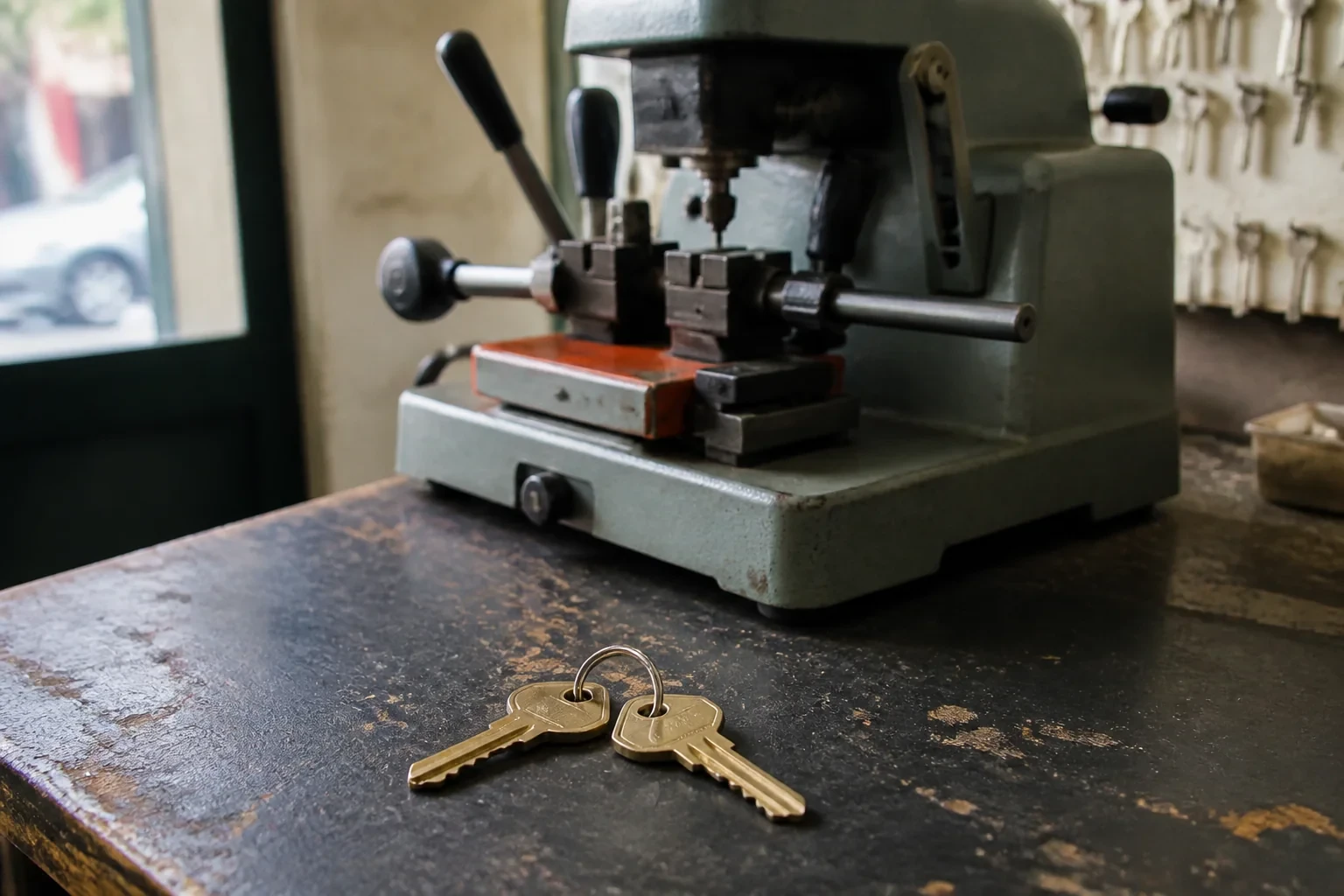 Two brass house keys on a ring resting on a workshop counter.